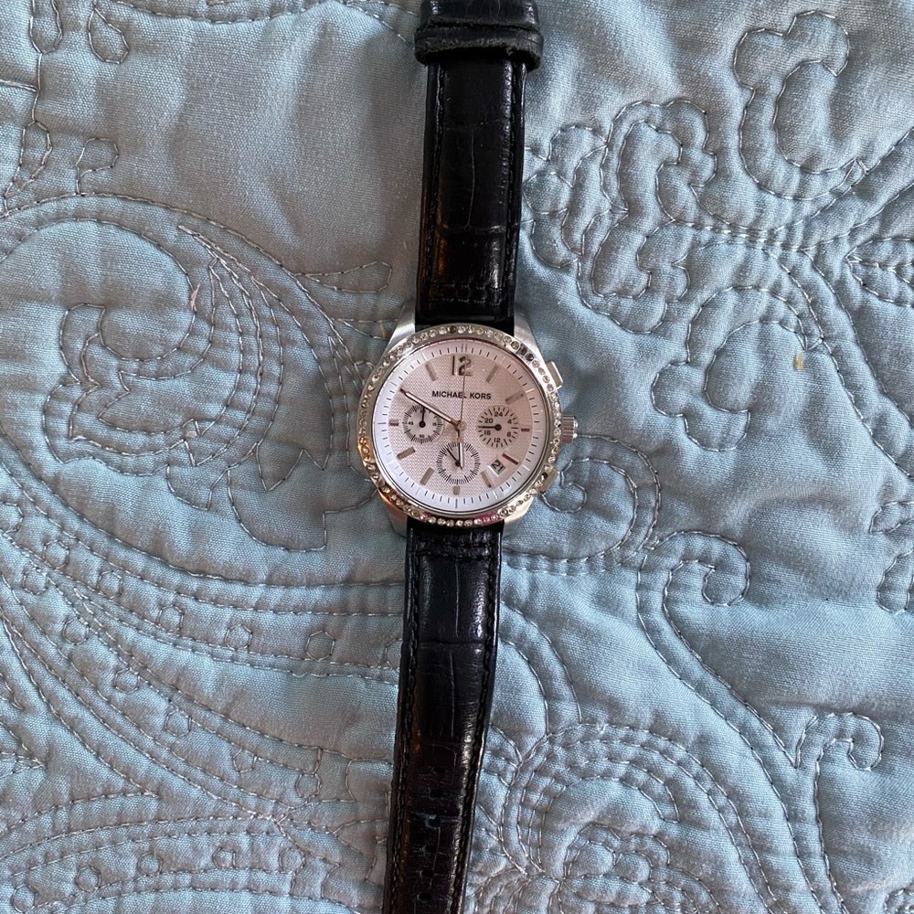 Michael Kors crystal & silver black leather watch